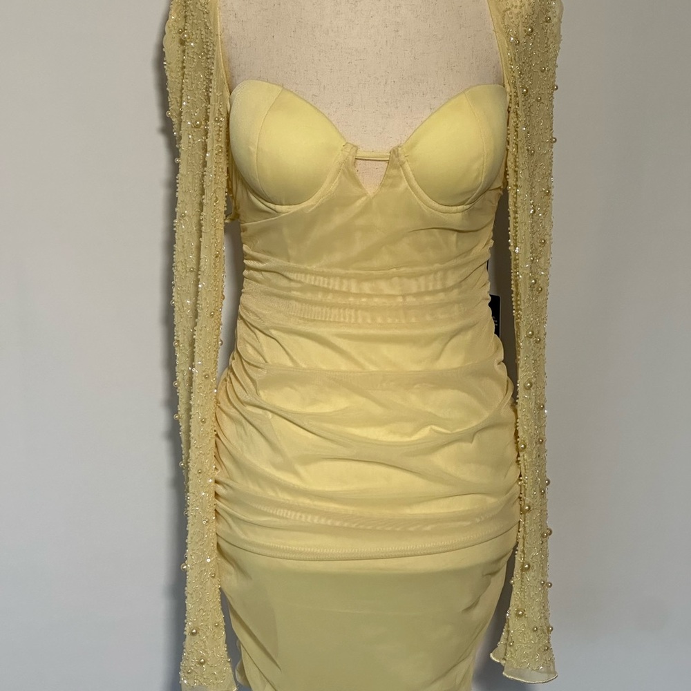 Yellow Beaded Long Sleeve Dress
